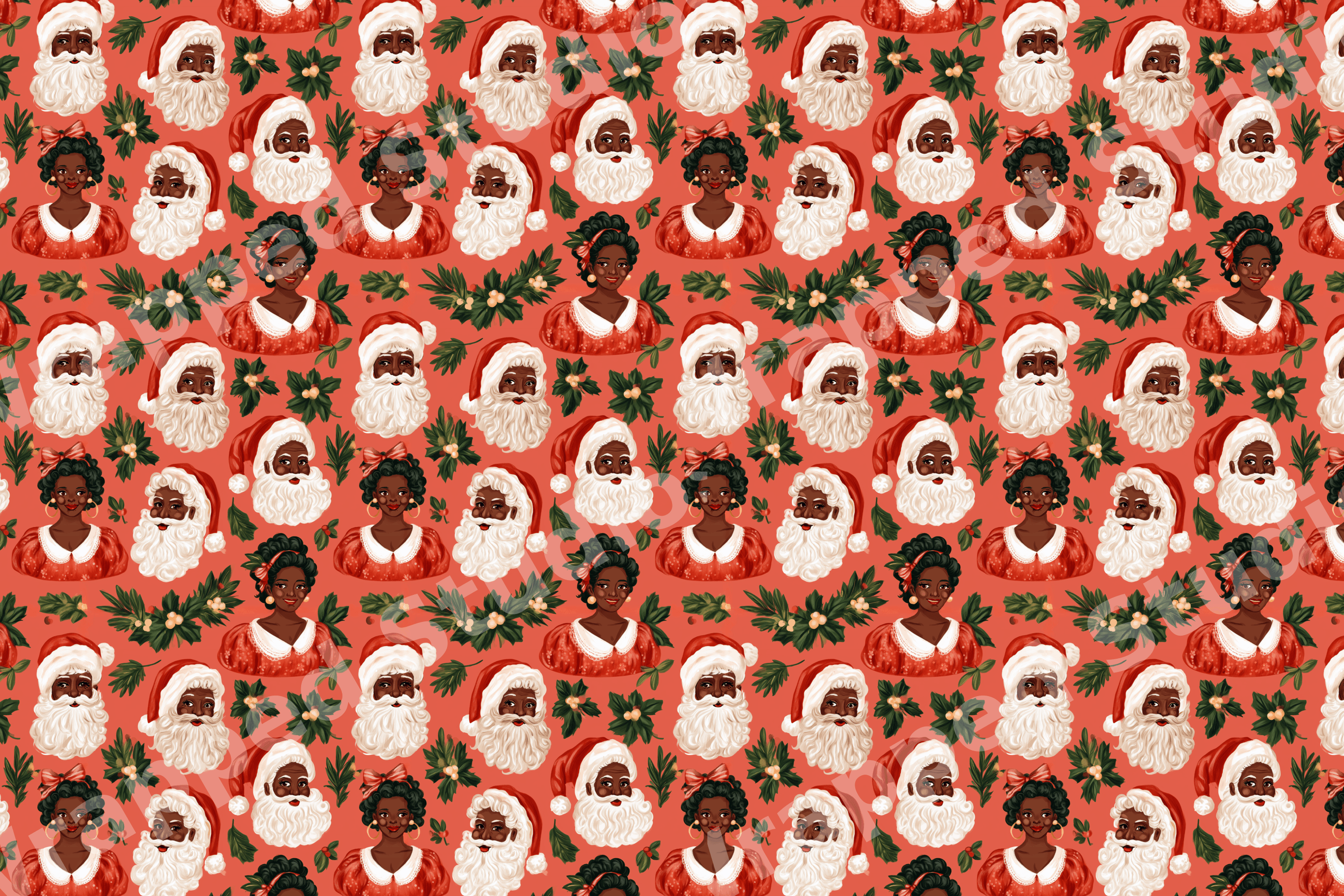 Festive Black Santa and Mrs. Claus Christmas pattern with green holly on a warm red background.