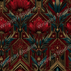 Elegant floral pattern with red lotus blooms, teal foliage, and geometric Art Deco elements.