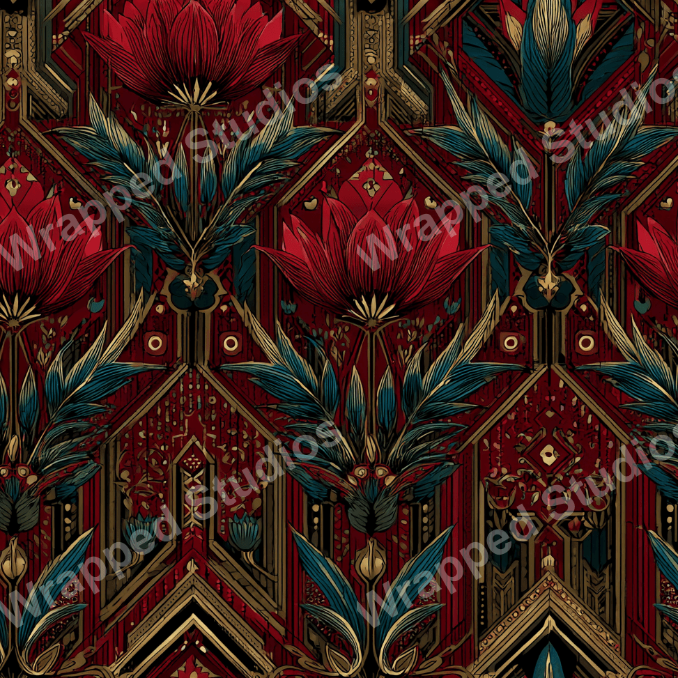 Elegant floral pattern with red lotus blooms, teal foliage, and geometric Art Deco elements.