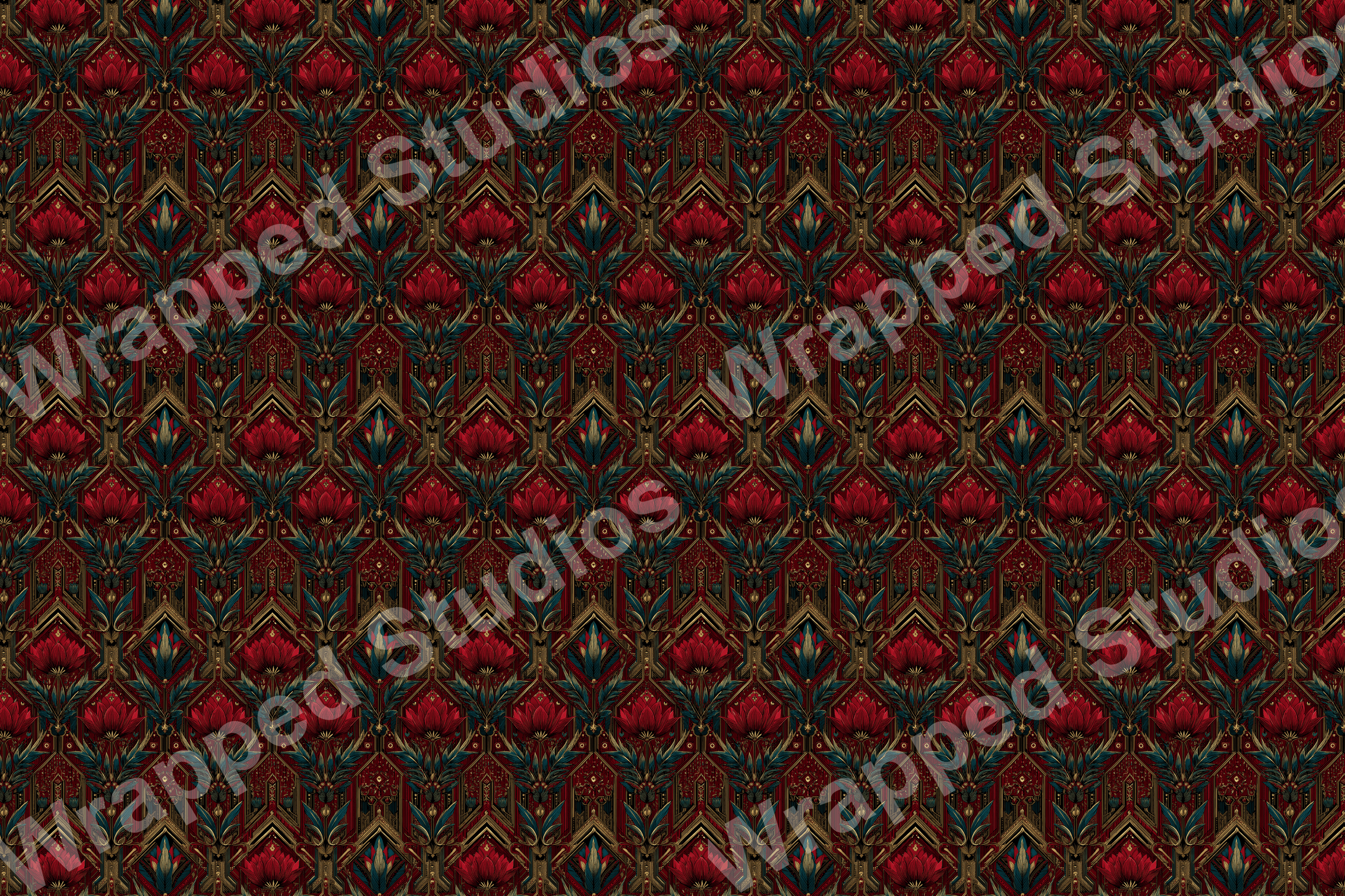 Ornate floral pattern with lotus blossoms, geometric borders, and vintage botanical design.