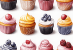 Colorful cupcake repeat pattern design with various frostings and fruit toppings.