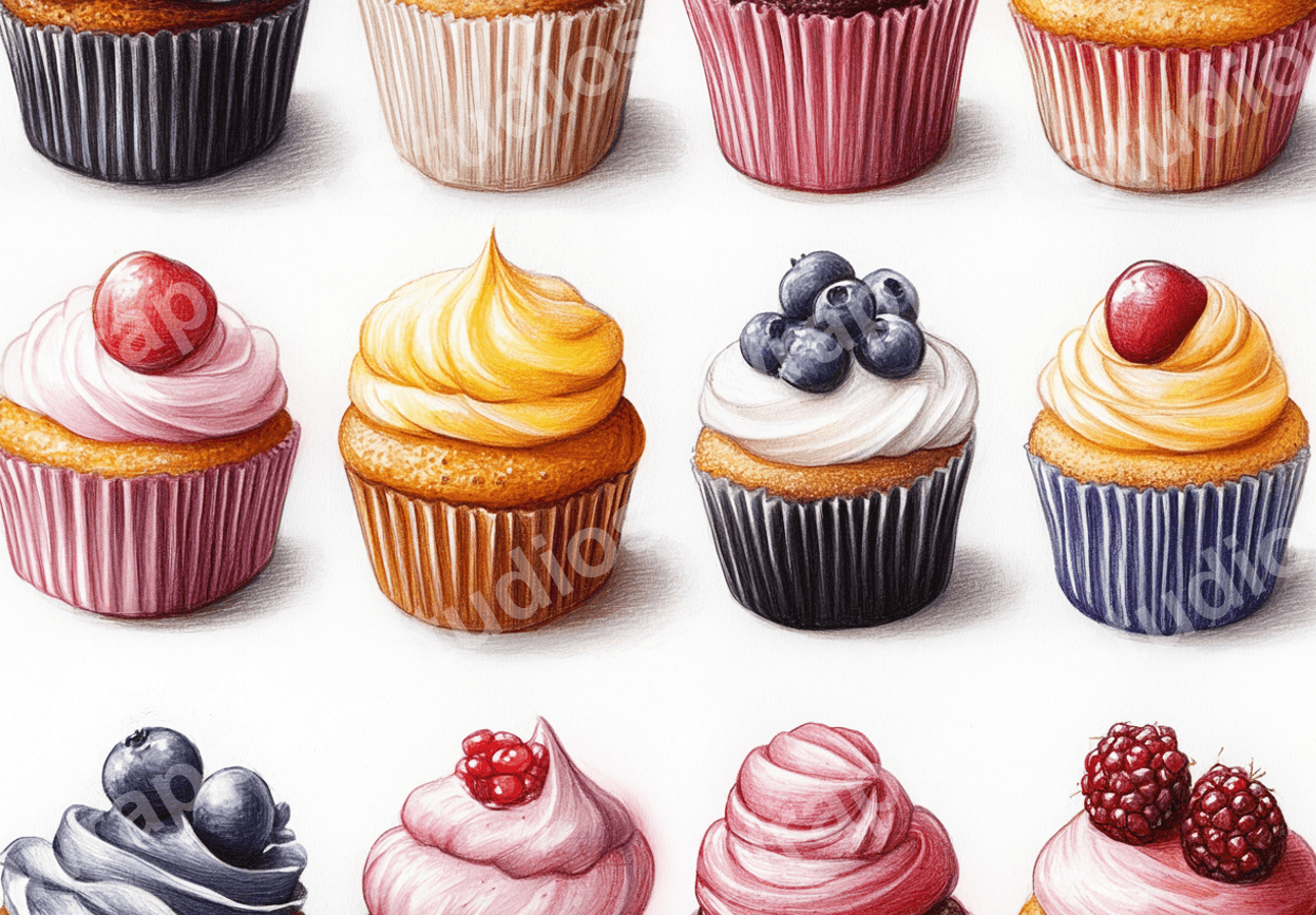 Colorful cupcake repeat pattern design with various frostings and fruit toppings.