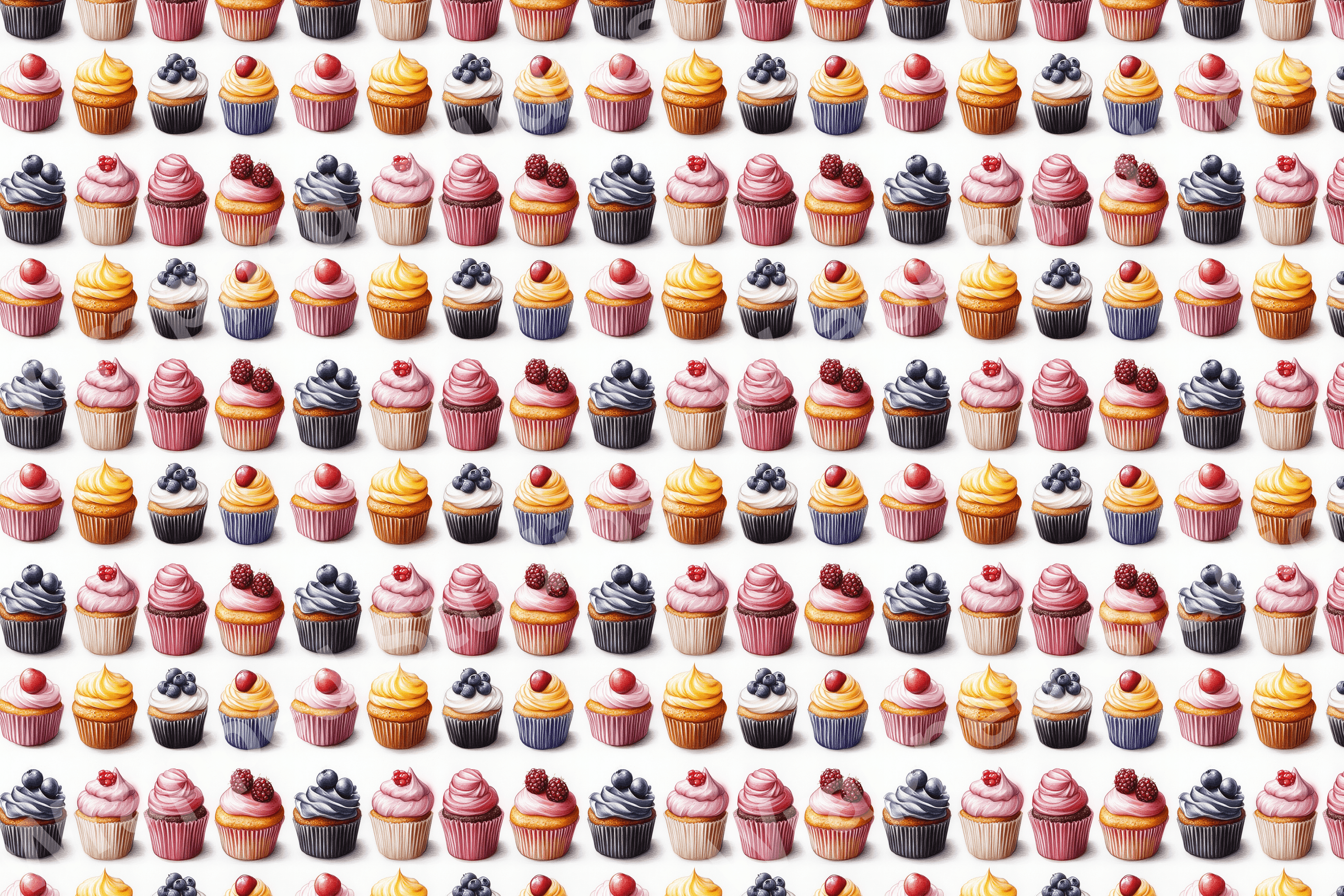 Playful repeat pattern of hand-drawn-style cupcakes with colorful frosting and berry toppings.
