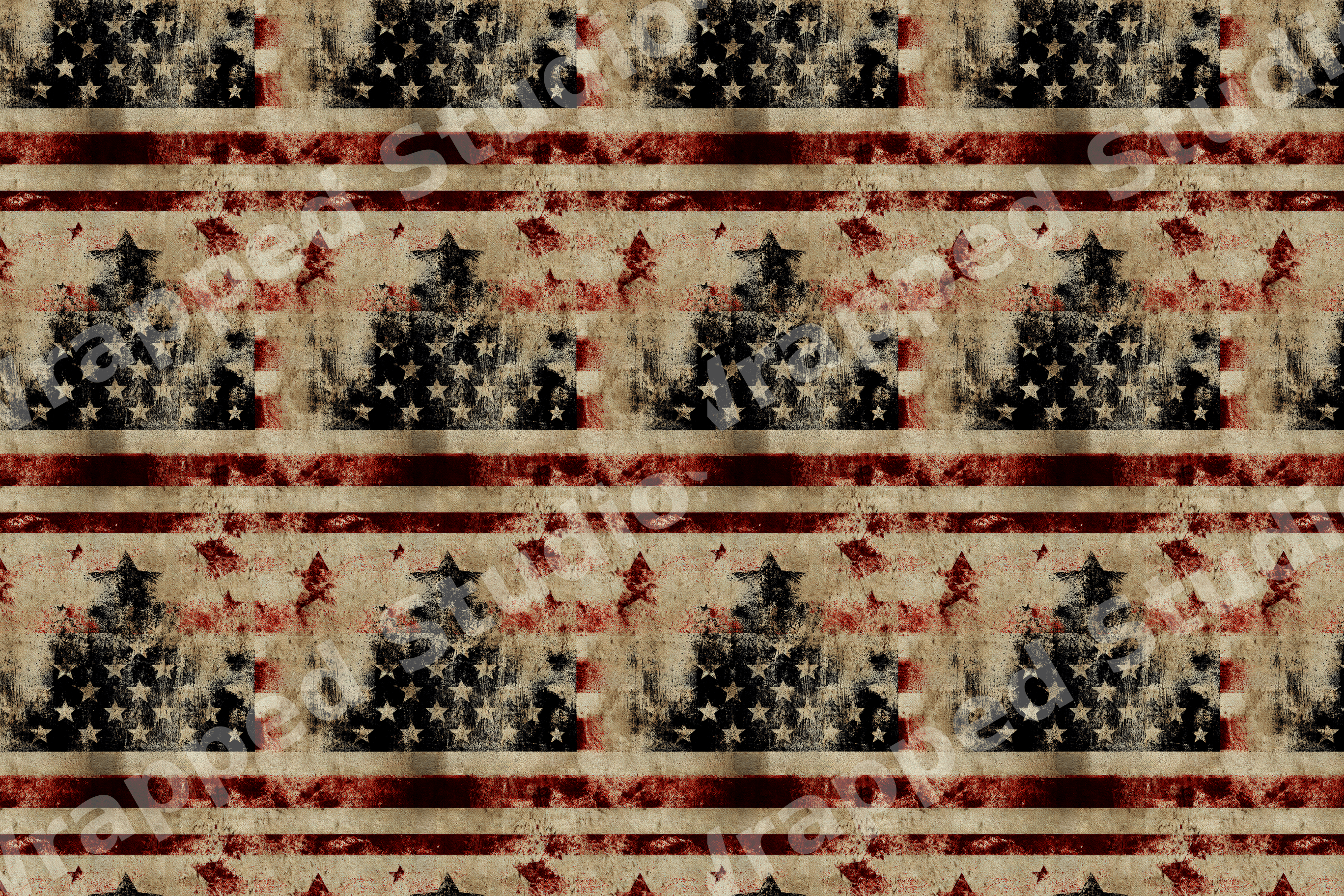 Distressed grunge American flag pattern in a rustic vintage style with black stars and red stripes.