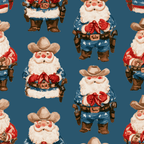 Watercolor cowboy Santa pattern in a vintage western Christmas style on a dark blue background.