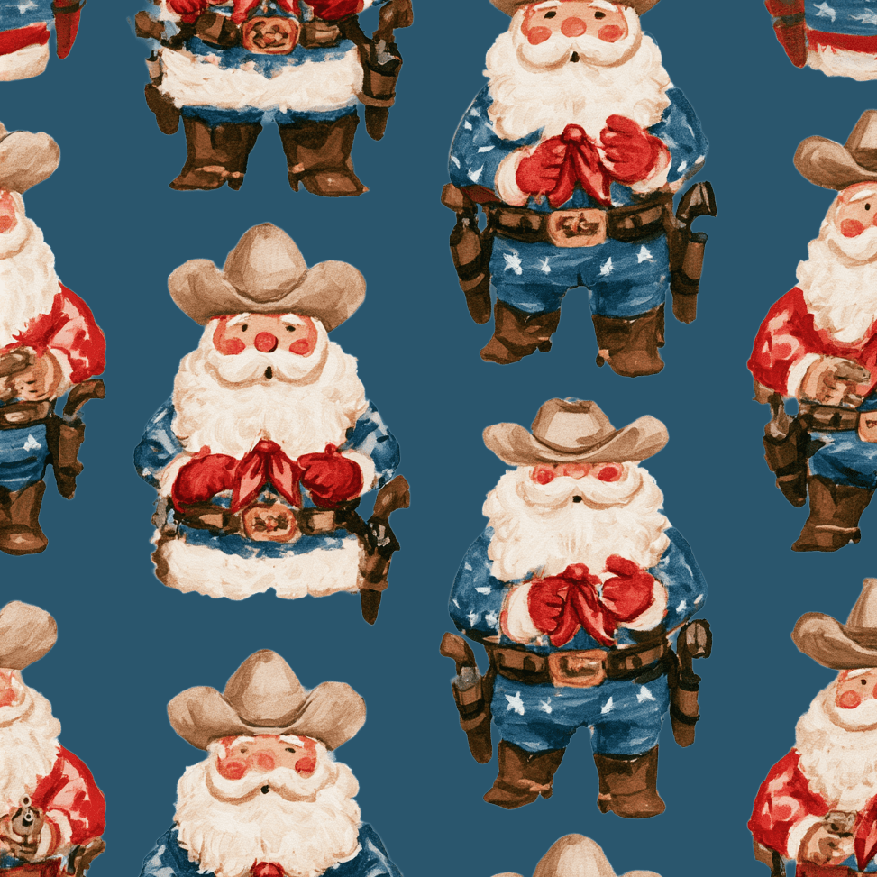Watercolor cowboy Santa pattern in a vintage western Christmas style on a dark blue background.