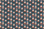 Retro western Christmas pattern featuring cowboy Santa Claus illustrations on a dark blue background.