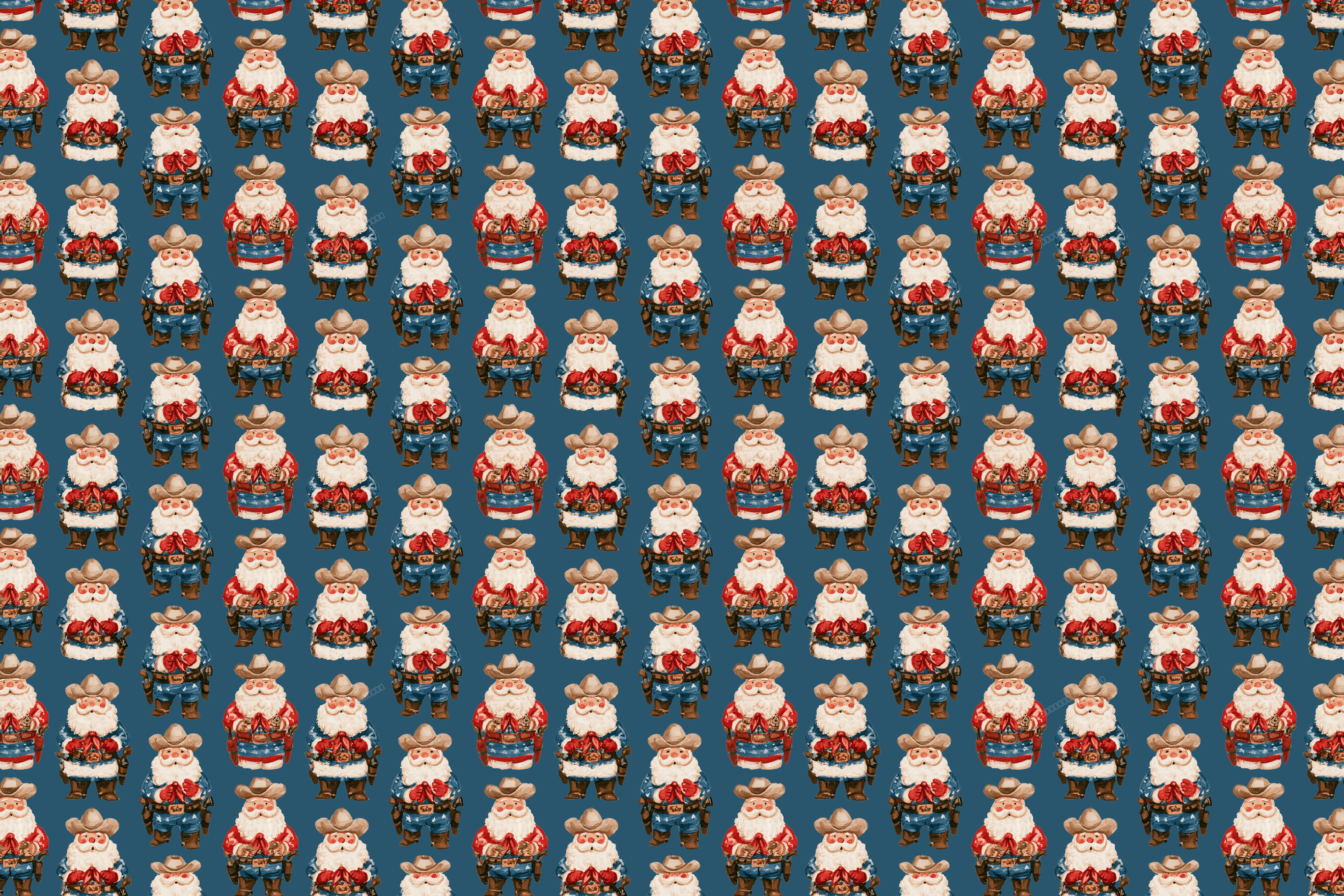 Retro western Christmas pattern featuring cowboy Santa Claus illustrations on a dark blue background.