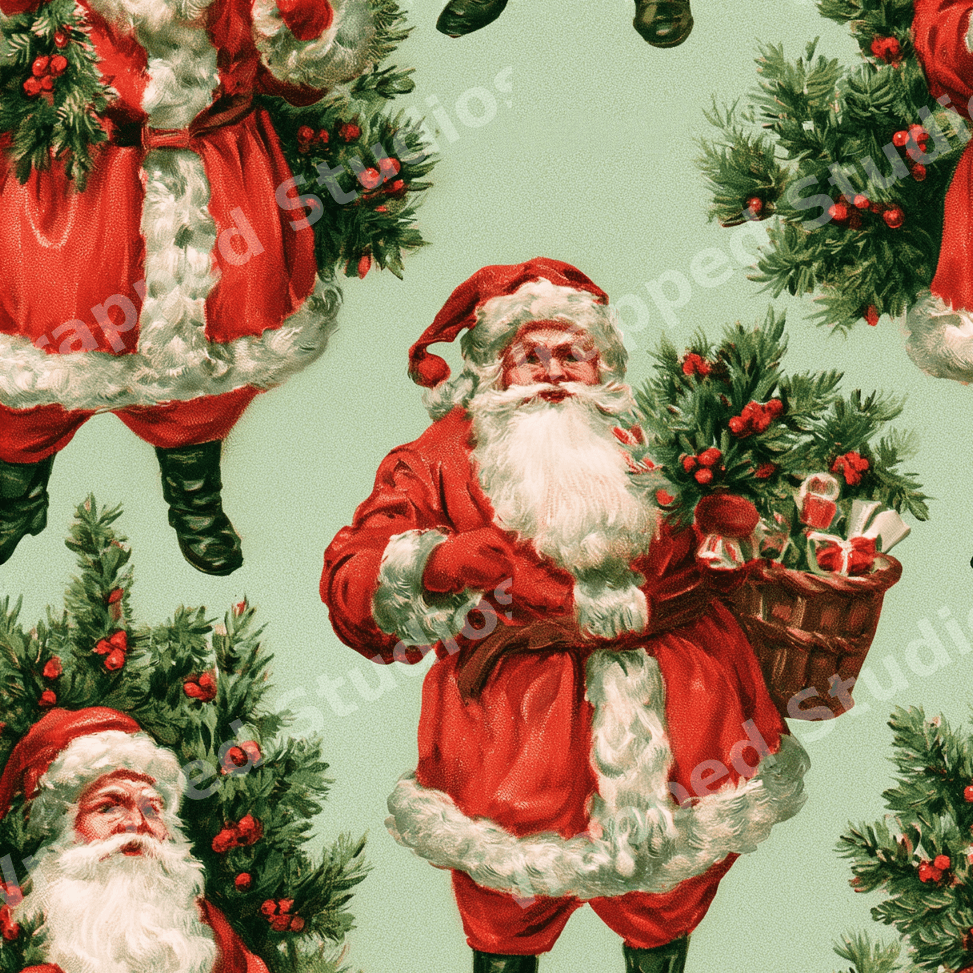 Vintage Christmas pattern featuring retro Santa Claus and pine branches on a light green background.