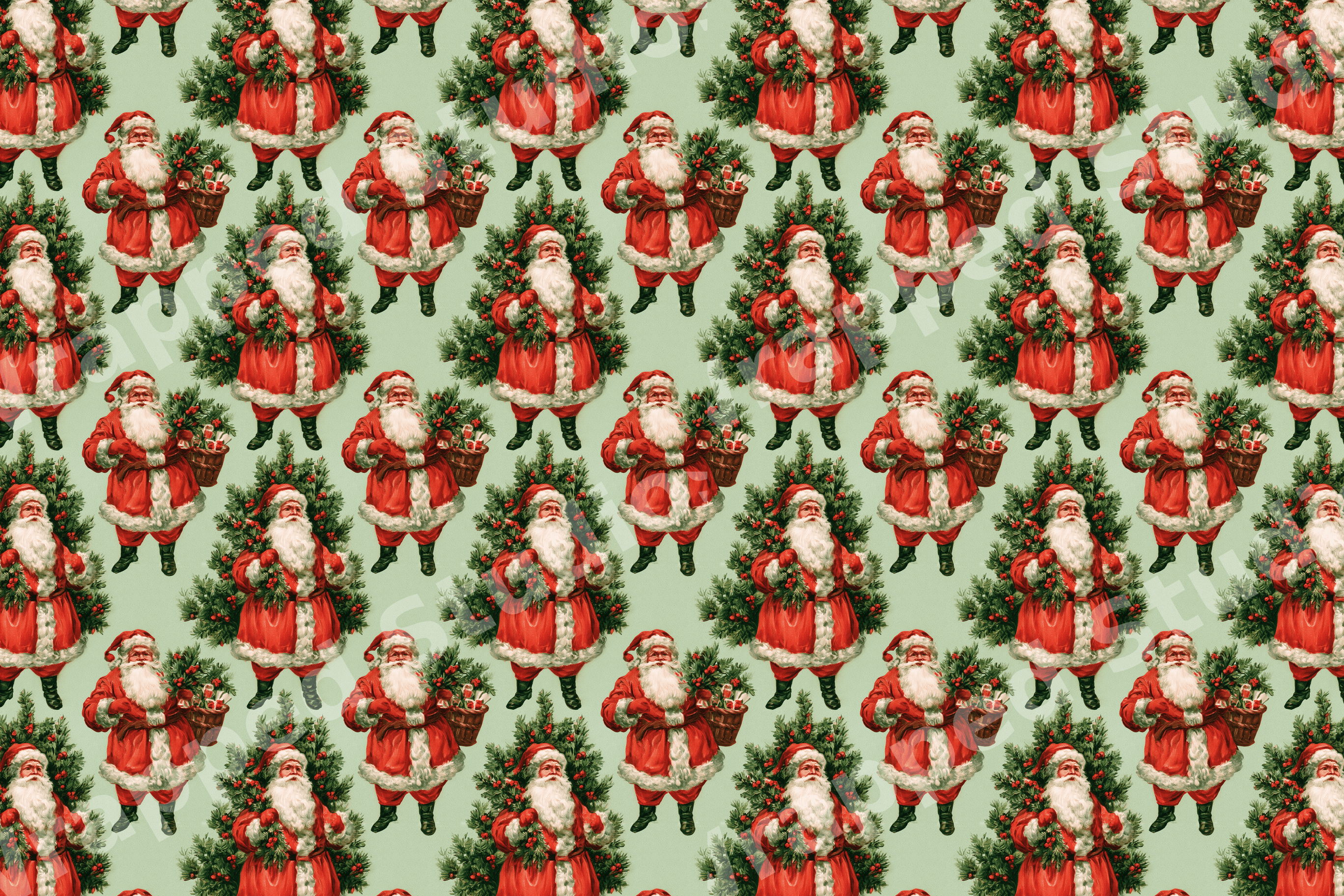 Vintage Santa Claus Christmas pattern featuring retro Santas and green pine trees on a light sage background.