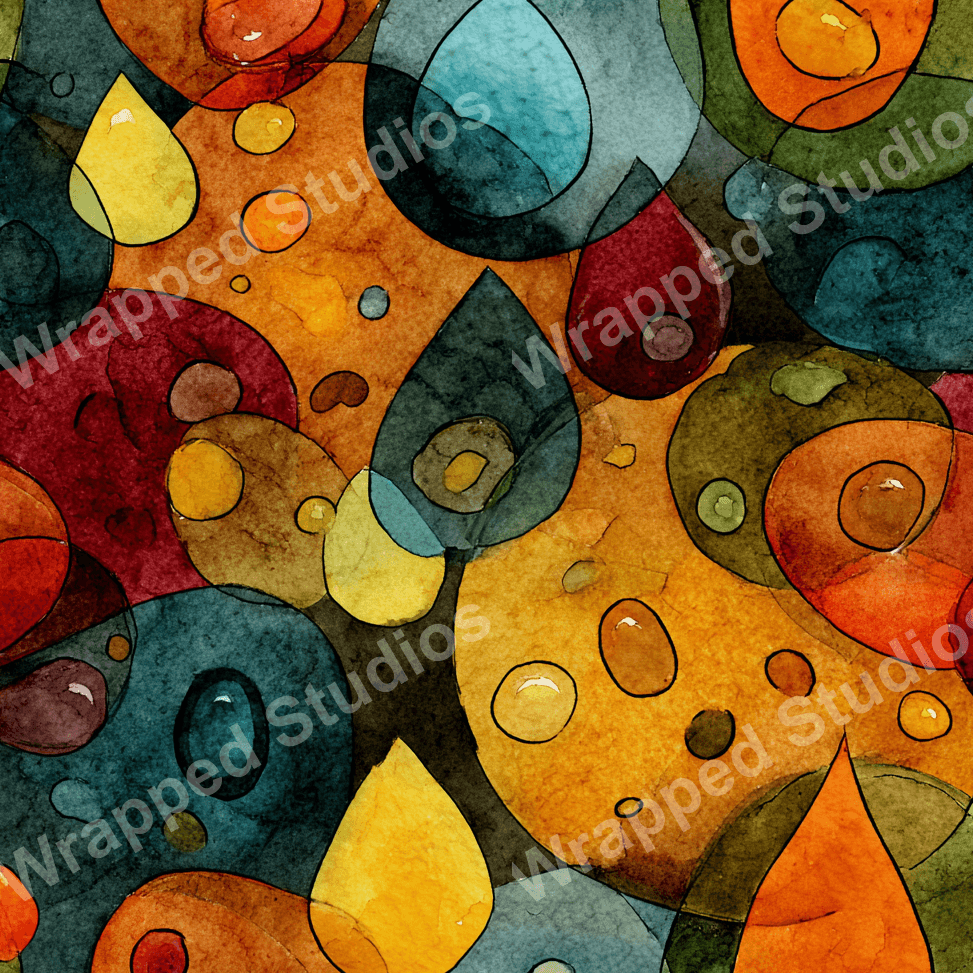 Seamless abstract pattern with watercolor teardrop and circle shapes in yellow, red, green, and blue tones.