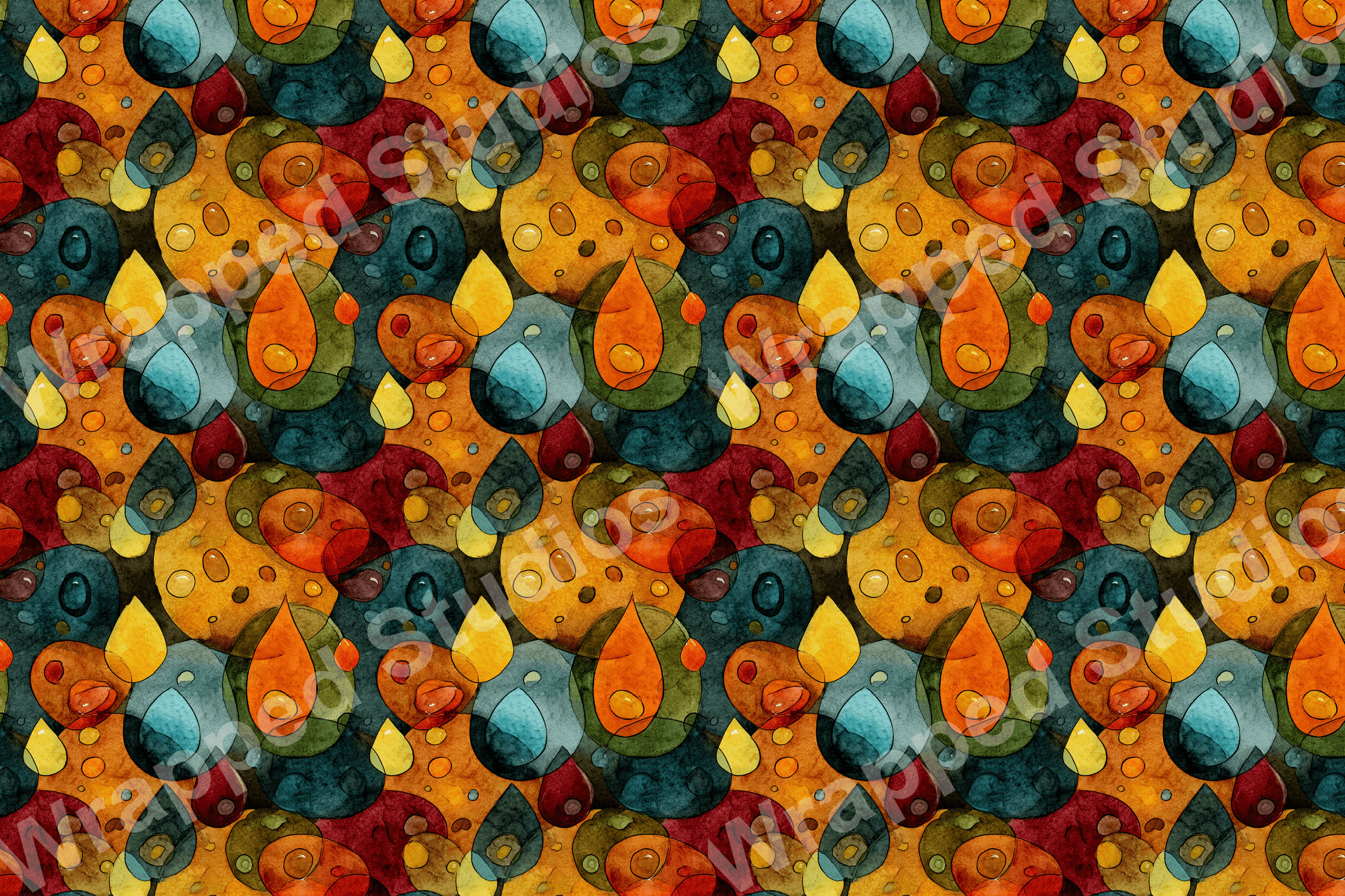 Abstract watercolor pattern with shapes of circles and raindrops in warm and cool earthy colors.