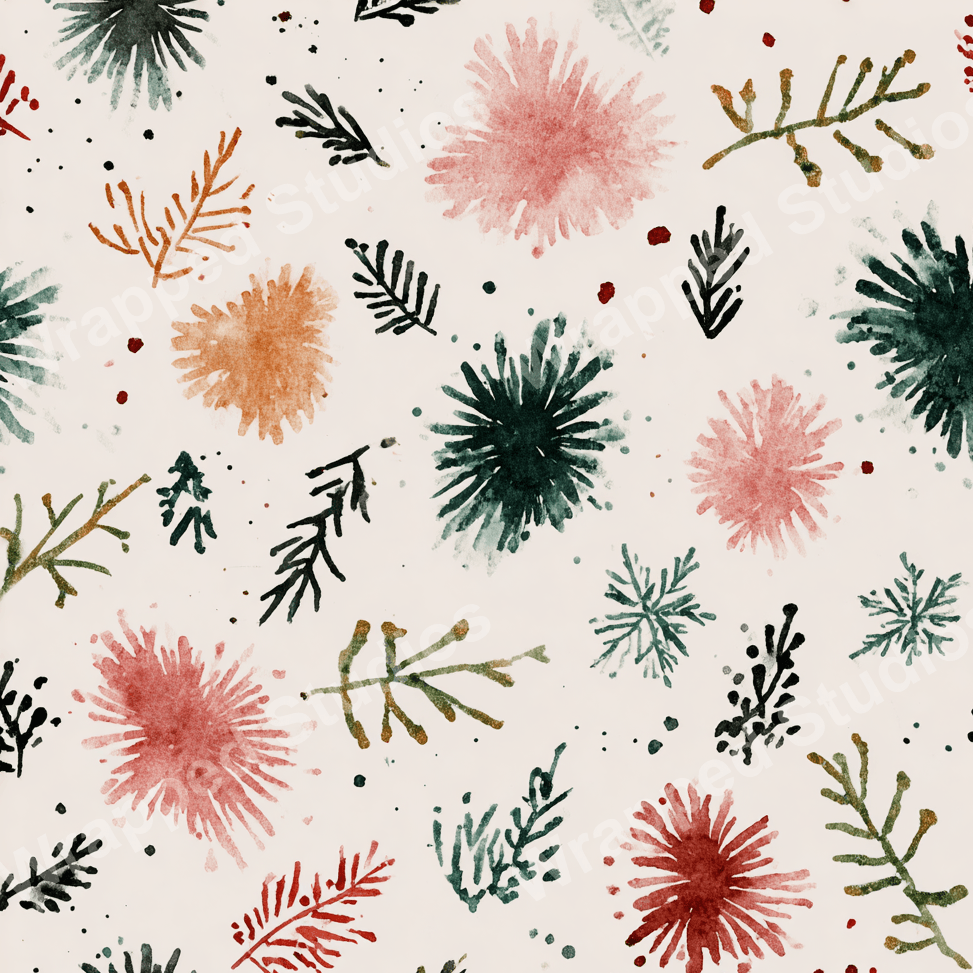 Abstract watercolor botanical pattern with festive red, green, and gold foliage on a cream background.