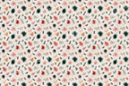 A playful botanical pattern with pink, red, and green leaf-like motifs on an off-white background.