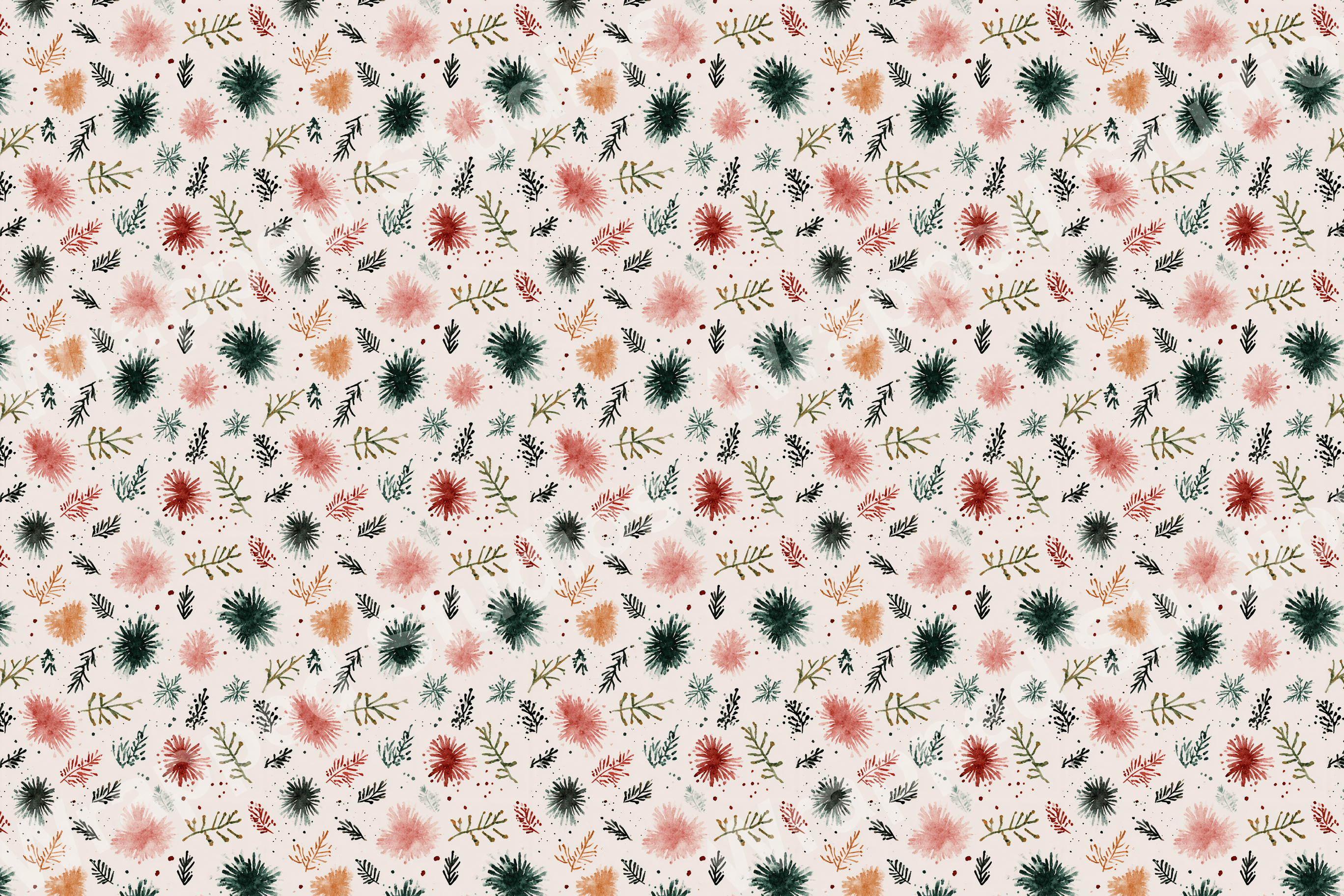 A playful botanical pattern with pink, red, and green leaf-like motifs on an off-white background.
