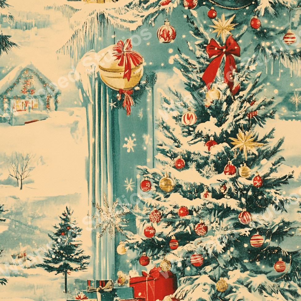 Vintage-style Christmas pattern with decorated trees, snowflakes, ornaments, and snowy winter scene in blue, red, and gold.