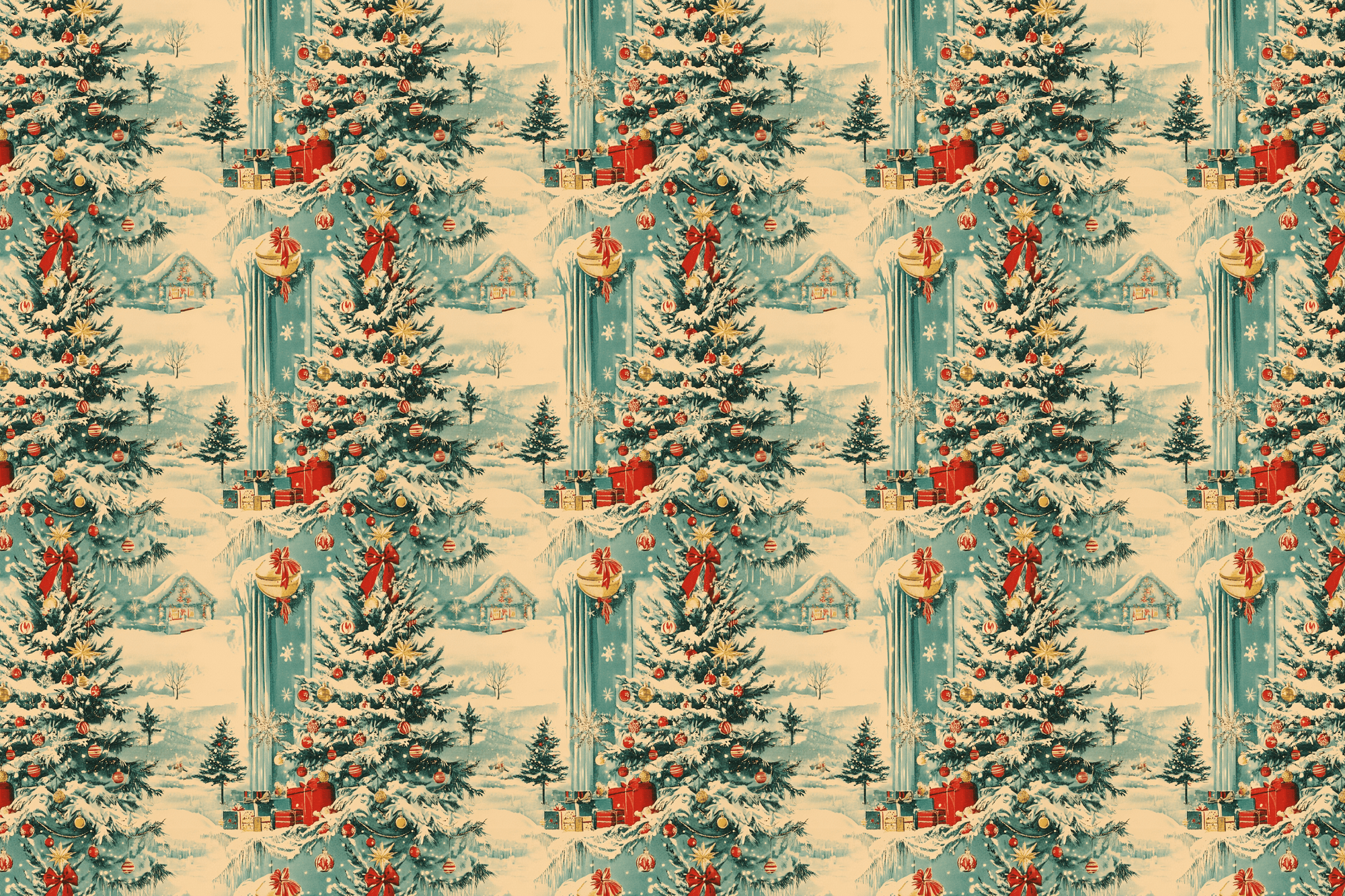 Vintage pattern of Christmas trees with presents on a beige background. Wrapped Studios wrapping paper