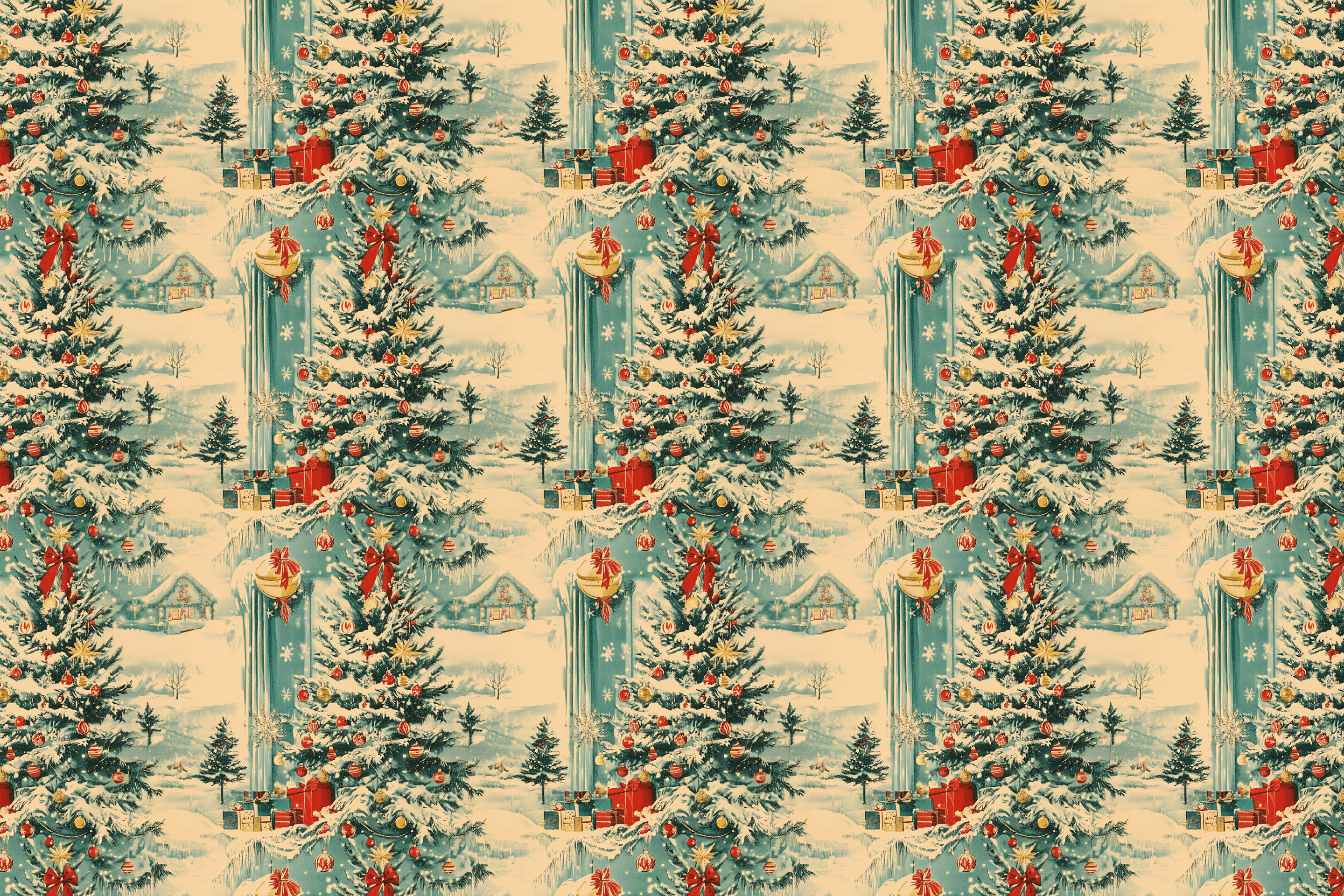 Vintage pattern of Christmas trees with presents on a beige background. Wrapped Studios wrapping paper