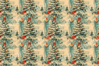 Vintage Christmas pattern with decorated trees, winter landscapes, and festive motifs in red, teal, and cream.