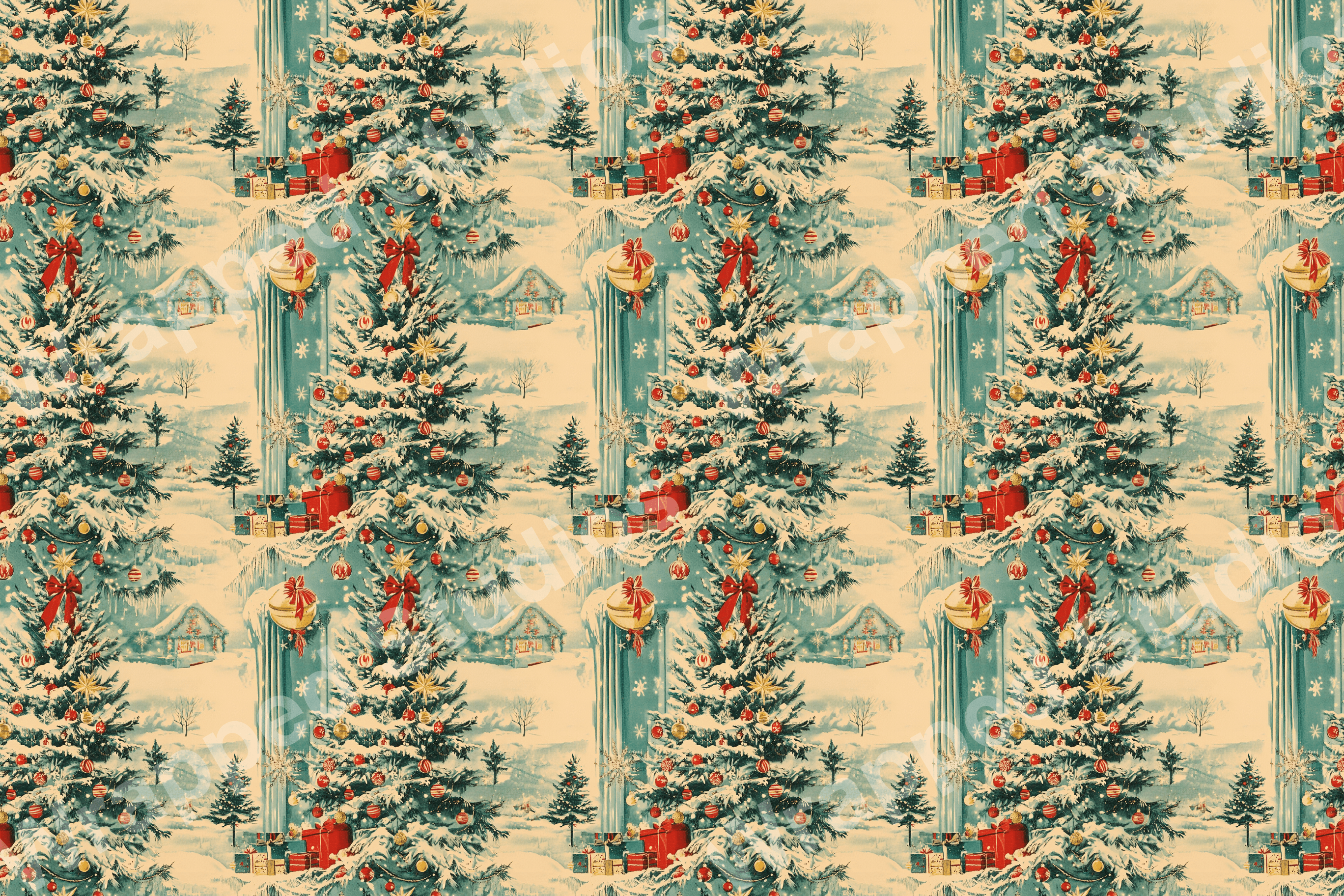 Vintage Christmas pattern with decorated trees, winter landscapes, and festive motifs in red, teal, and cream.