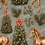 Vintage equestrian Christmas pattern with golden horses, lit pine trees, and mistletoe on a sage green background.