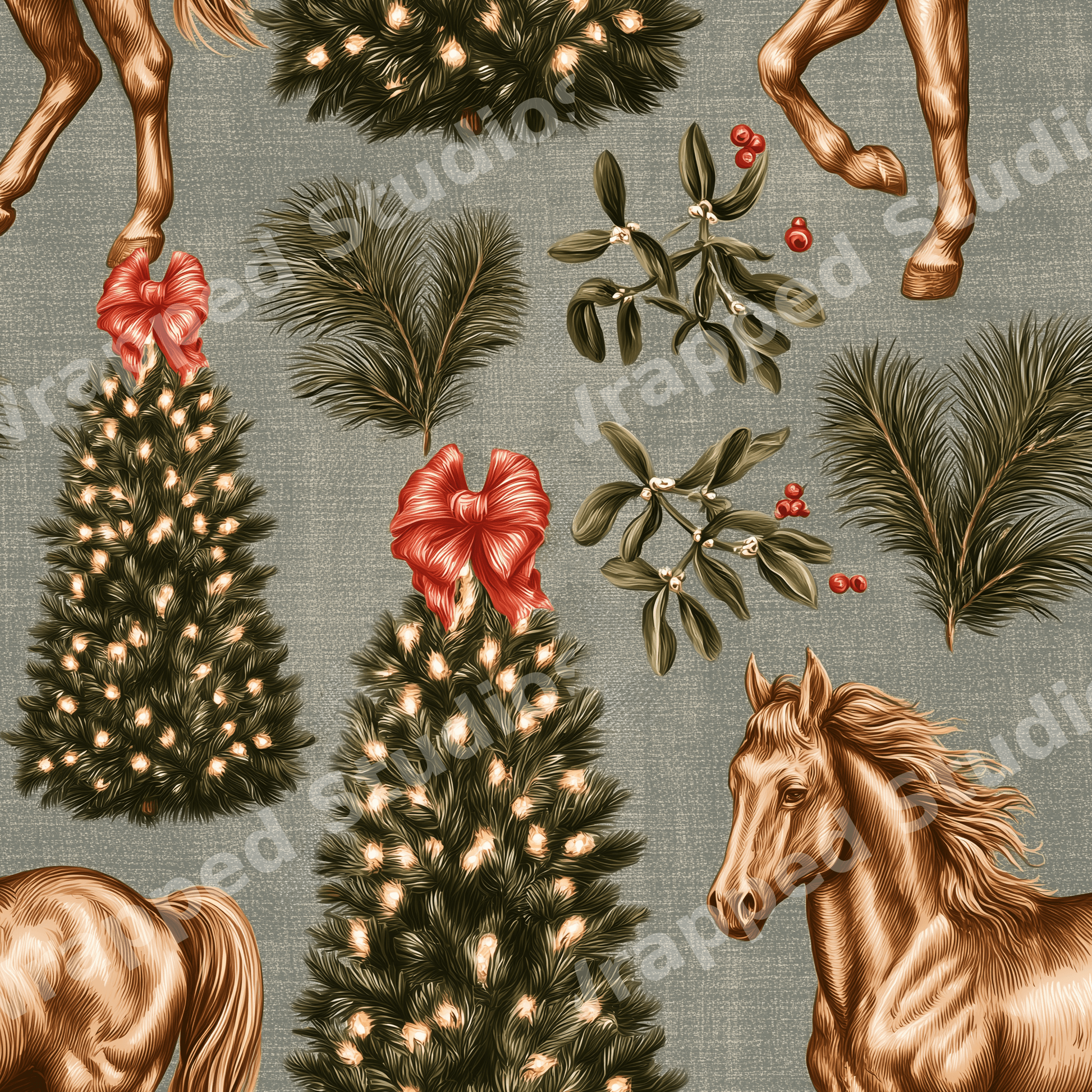 Vintage equestrian Christmas pattern with golden horses, lit pine trees, and mistletoe on a sage green background.