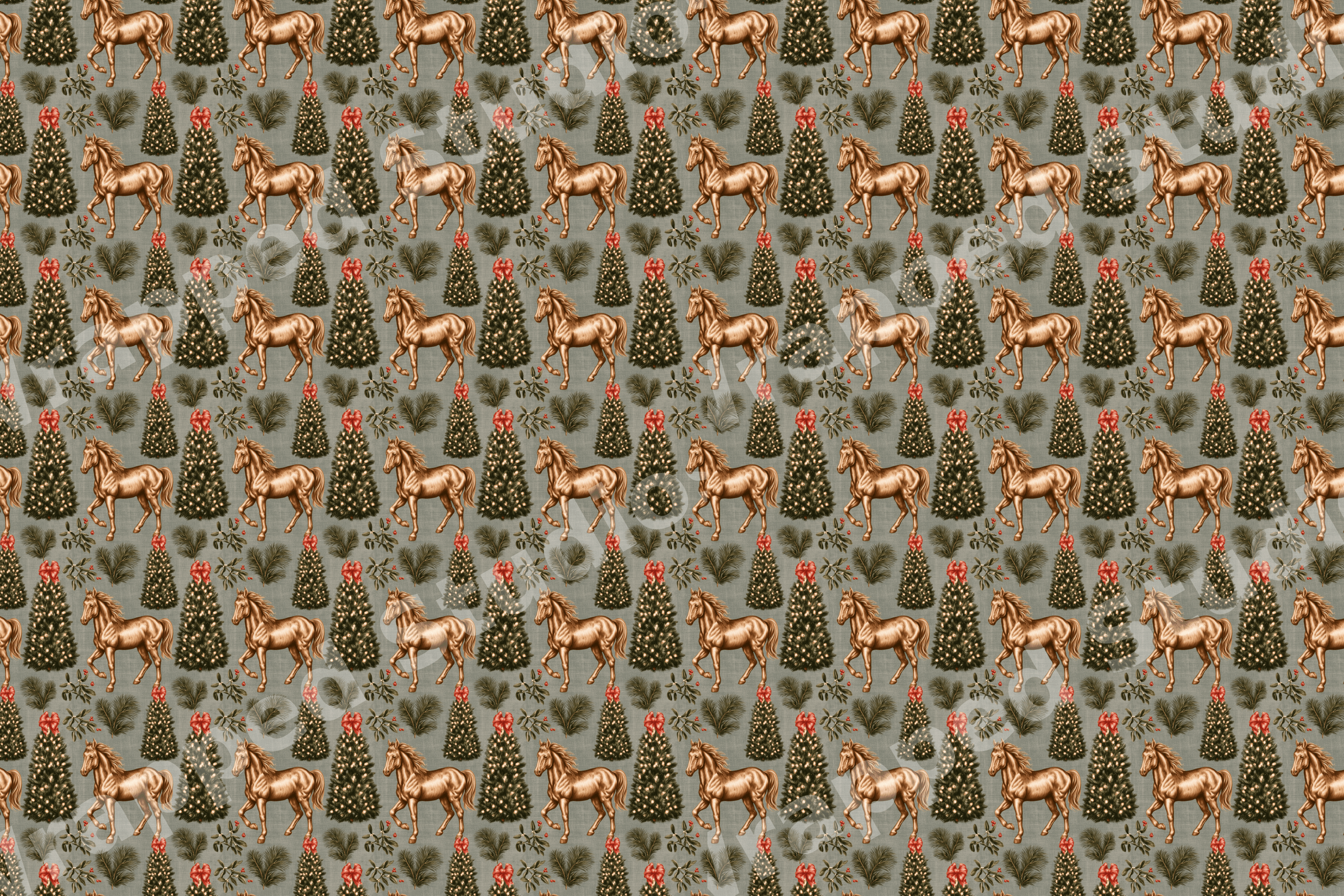 Vintage equestrian Christmas pattern with golden horses and decorated pine trees on a sage green background.