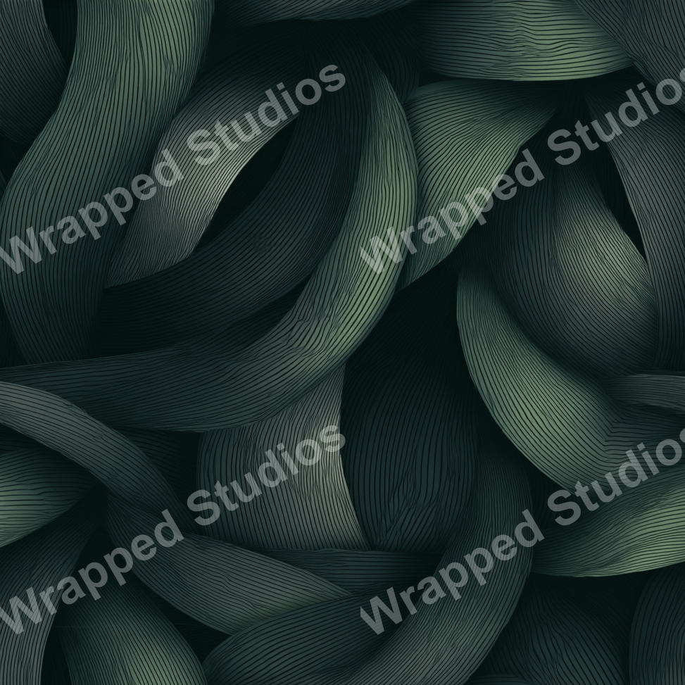 Abstract textural design featuring flowing, curved shapes in shades of green with subtle line details.