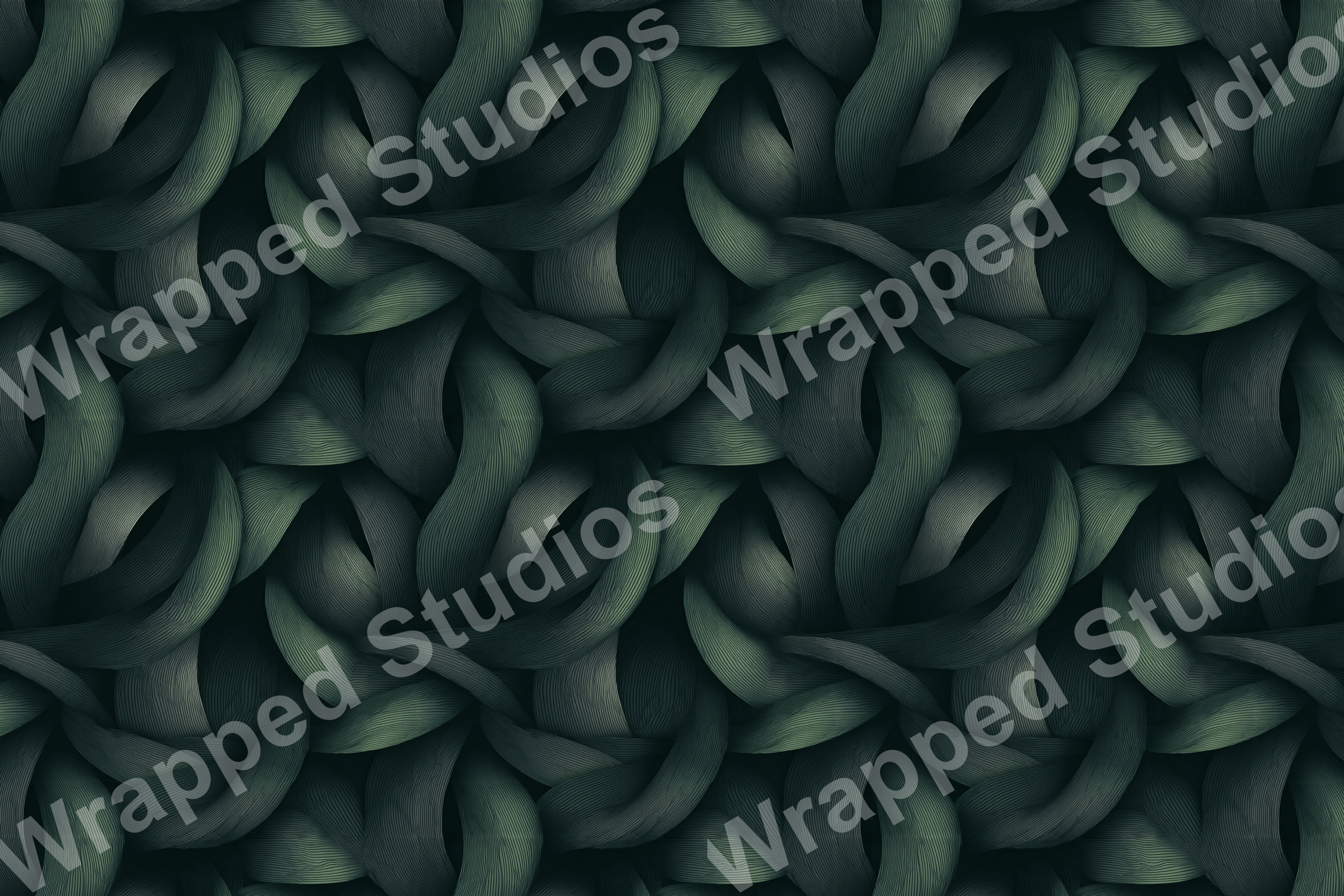 Abstract botanical pattern with overlapping textured ribbons in muted shades of green.