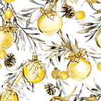 Elegant watercolor Christmas pattern featuring golden ornaments, pinecones, and black sketch branches on white.