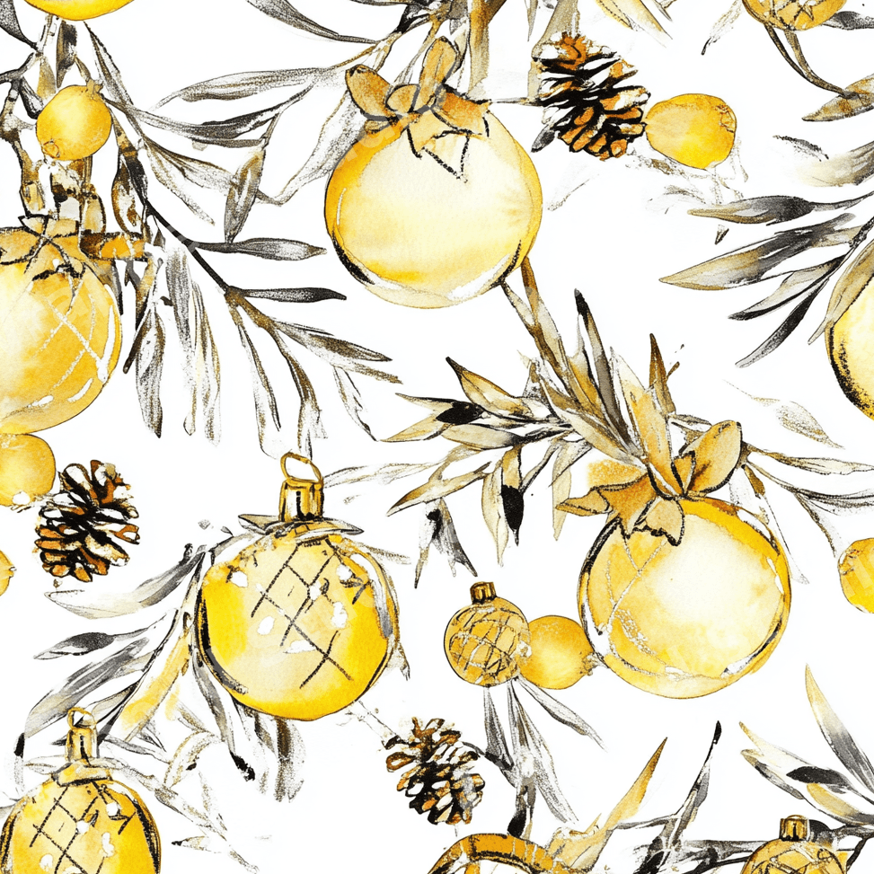 Elegant watercolor Christmas pattern featuring golden ornaments, pinecones, and black sketch branches on white.