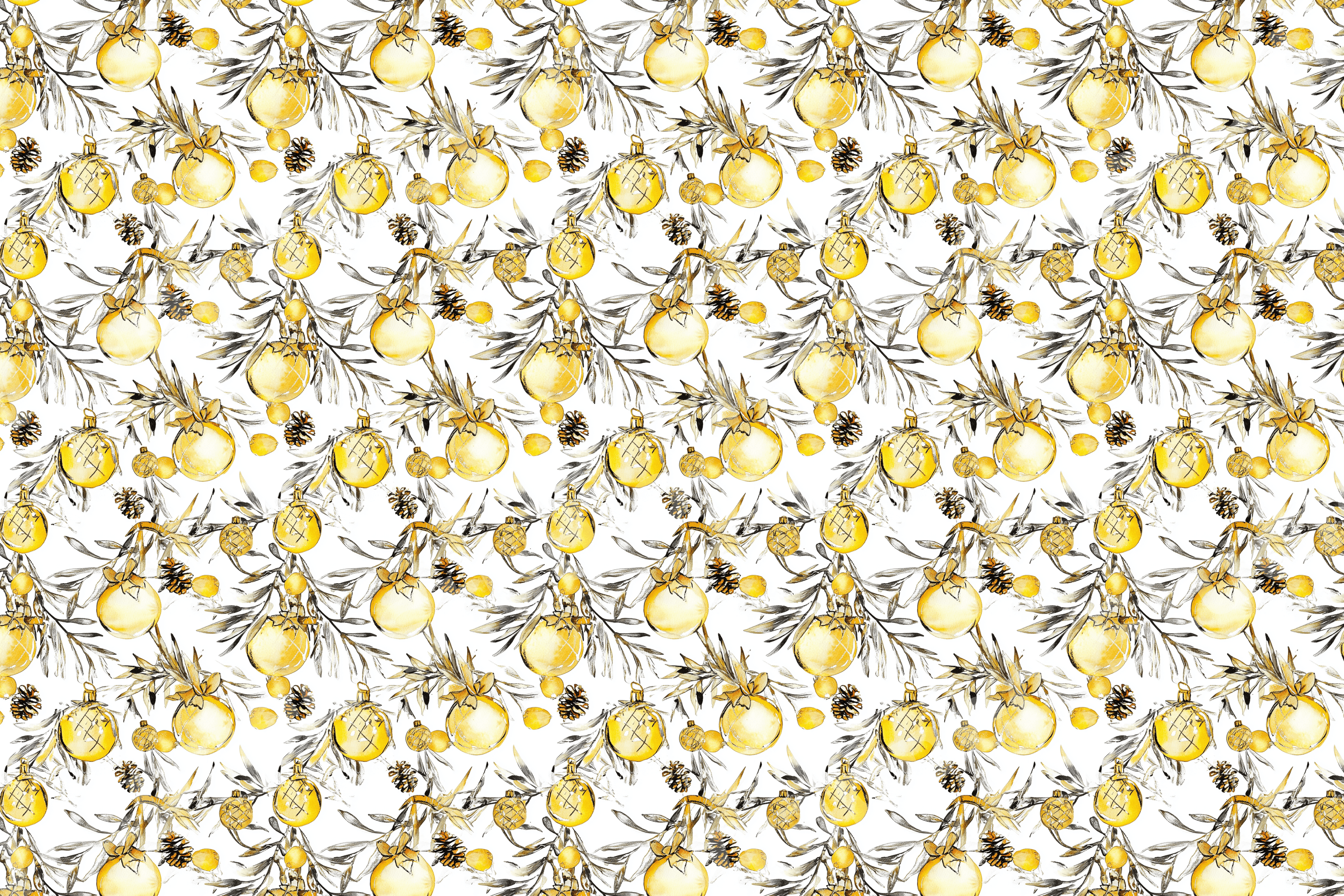 Elegant vintage Christmas pattern with gold ornaments and sketched pine branches on a white background.