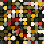 Seamless geometric pattern with rounded squares in retro shades of yellow, red, brown, green, and gray on black.