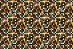 A retro geometric pattern with rounded squares in muted red, yellow, and green on a black background.