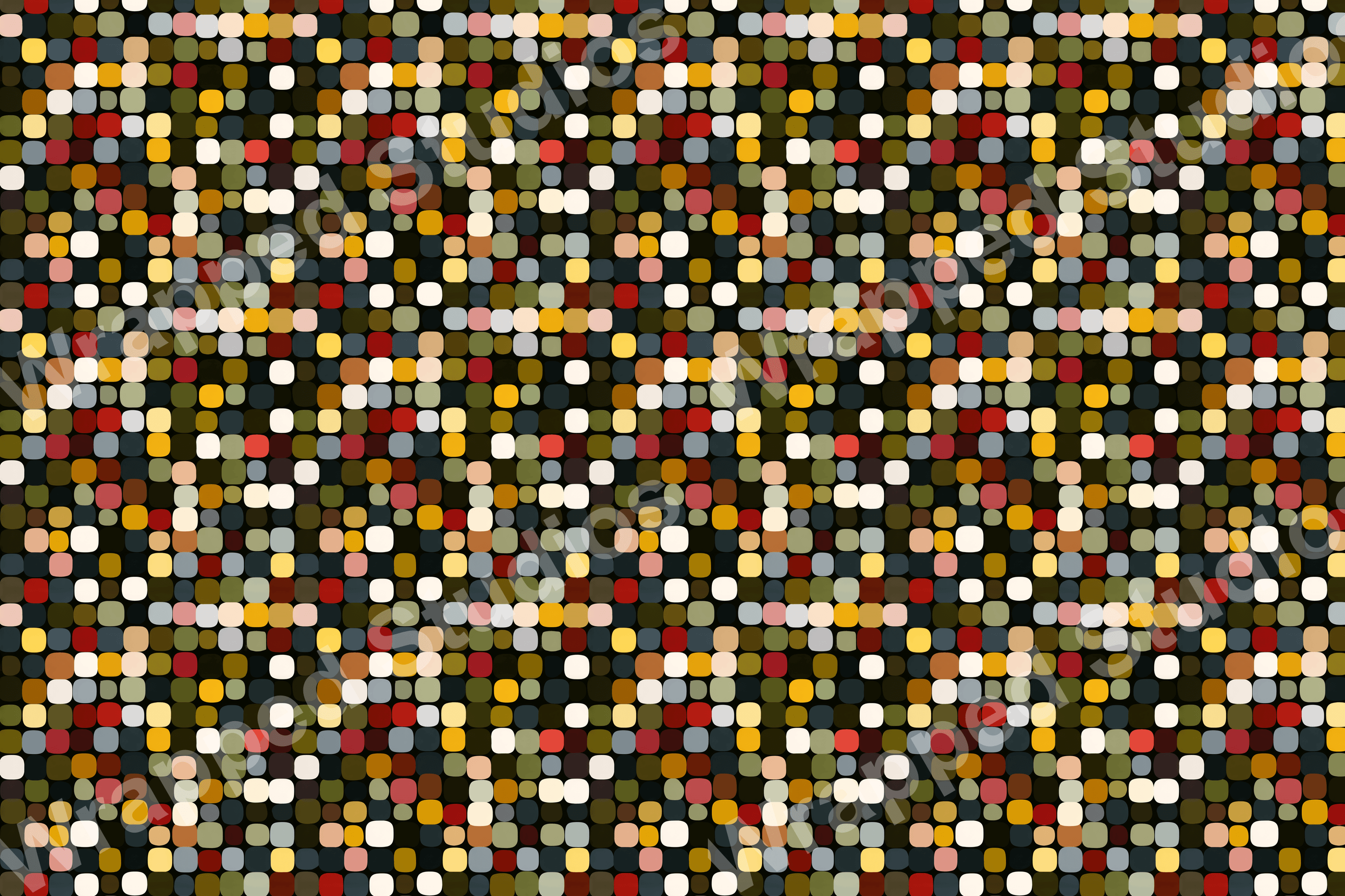 A retro geometric pattern with rounded squares in muted red, yellow, and green on a black background.