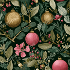 Vintage botanical Christmas pattern with ornate gold and pink ornaments, lush green foliage, and red berries on a dark background.