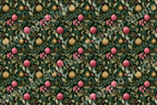 Vintage Christmas botanical pattern with festive pink and gold ornaments, dark green foliage, and tiny pink flowers.