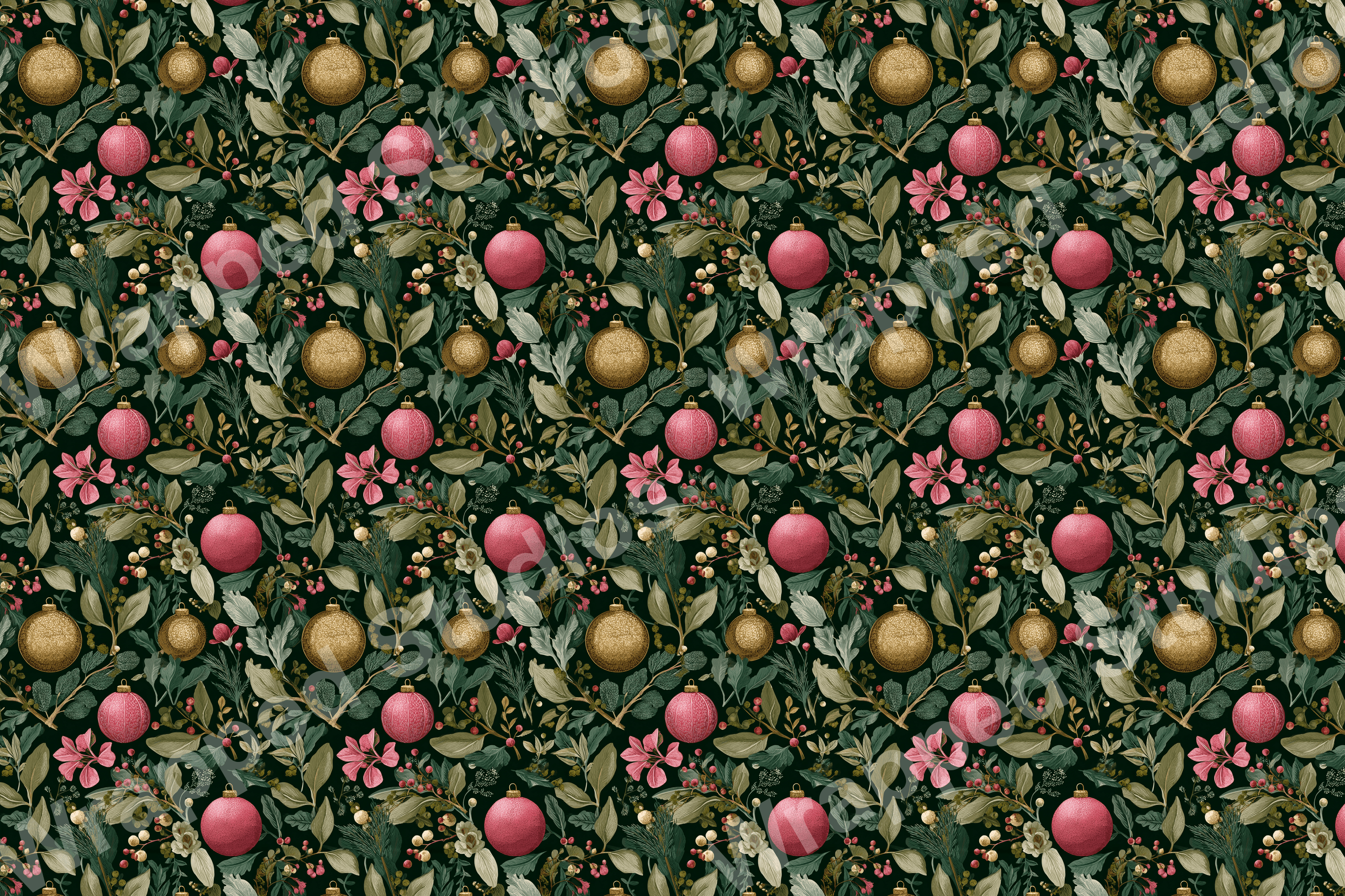 Vintage Christmas botanical pattern with festive pink and gold ornaments, dark green foliage, and tiny pink flowers.