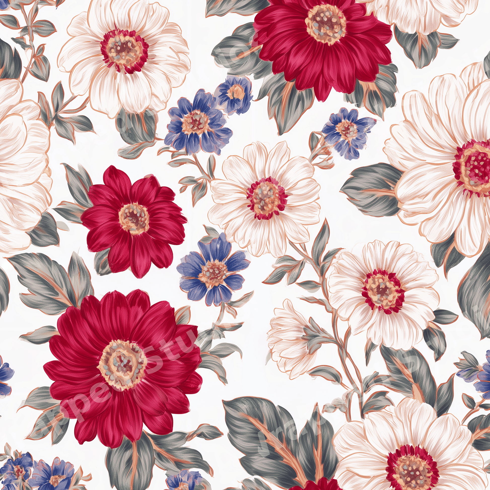 Vintage botanical pattern with elegant red, white, and blue floral motifs and green leaves on a white background.