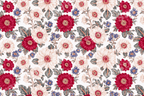 Elegant vintage floral pattern featuring deep red and cream botanical blossoms with muted green foliage.