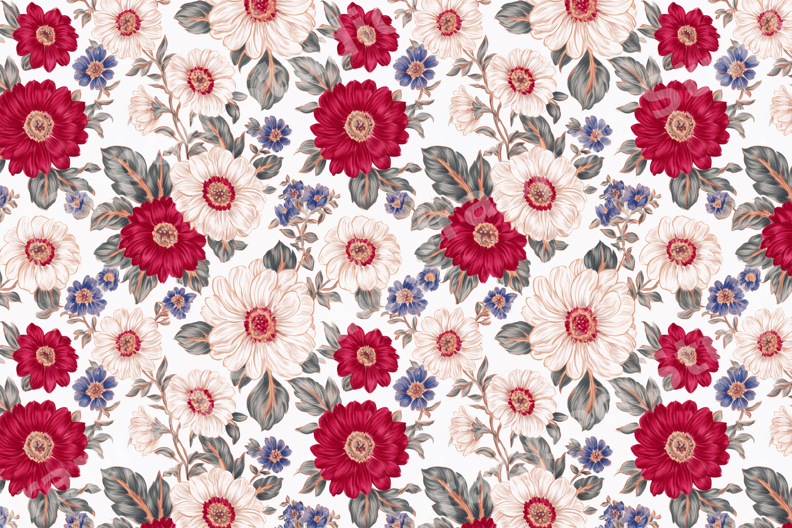 Elegant vintage floral pattern featuring deep red and cream botanical blossoms with muted green foliage.