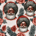 Retro Black Santa Christmas pattern with afro, sunglasses, red hibiscus flowers, and tropical foliage.