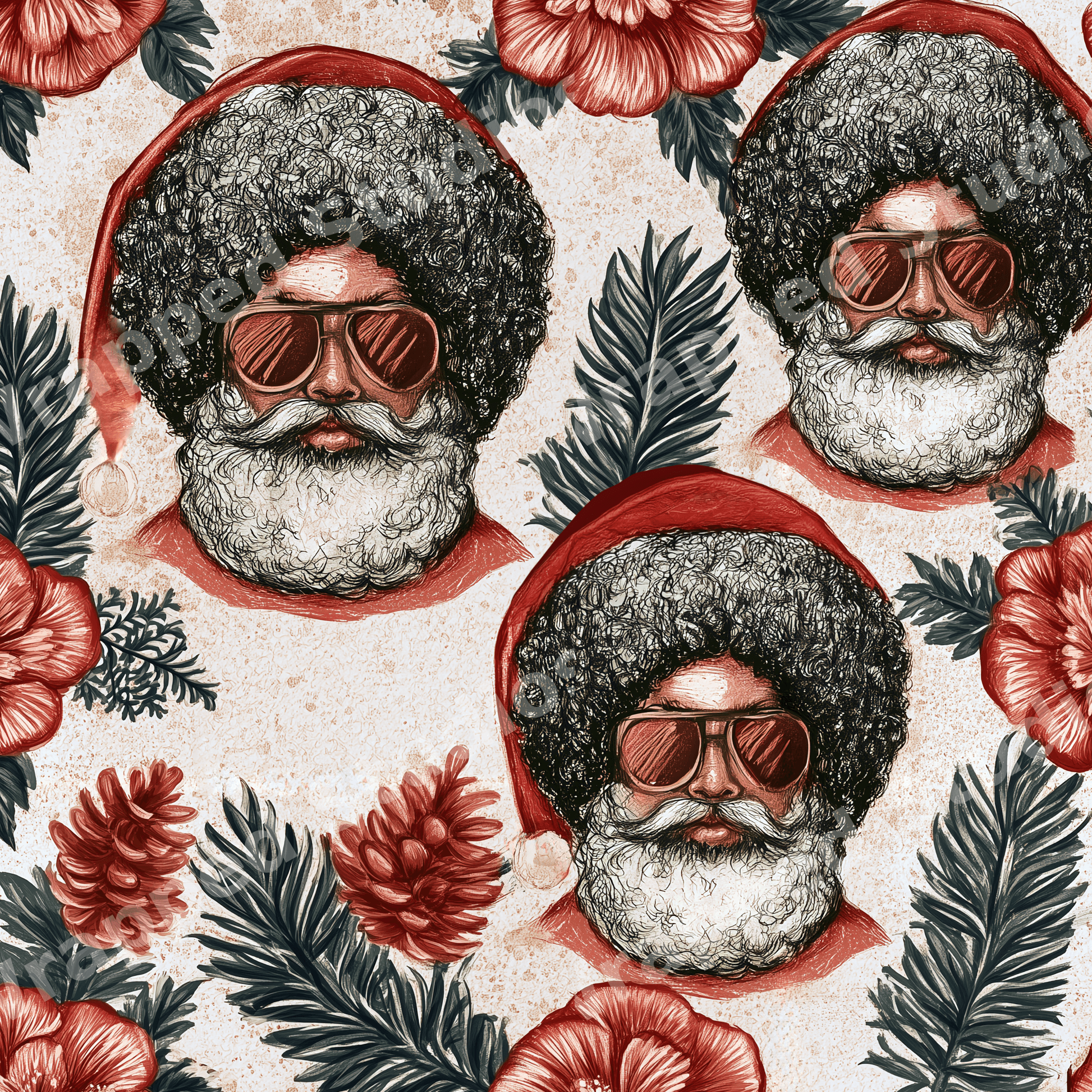 Retro Black Santa Christmas pattern with afro, sunglasses, red hibiscus flowers, and tropical foliage.