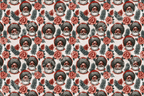 Retro Christmas pattern featuring cool Black Santa with an afro, sunglasses, red hibiscus, and pine needles.