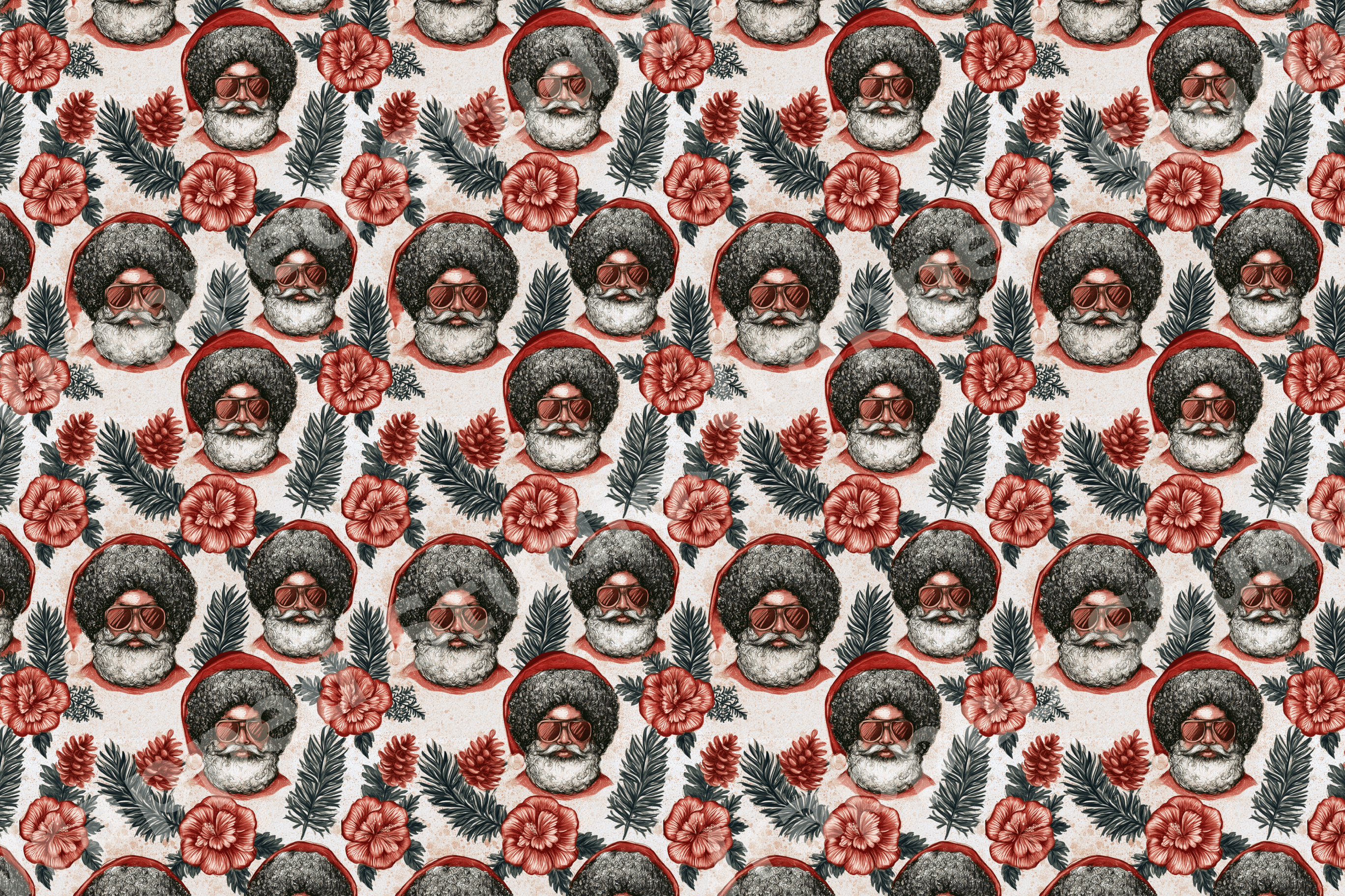 Retro Christmas pattern featuring cool Black Santa with an afro, sunglasses, red hibiscus, and pine needles.