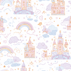 Dreamy fairytale castle pattern with rainbows and clouds in soft pastel pink, blue, and yellow.