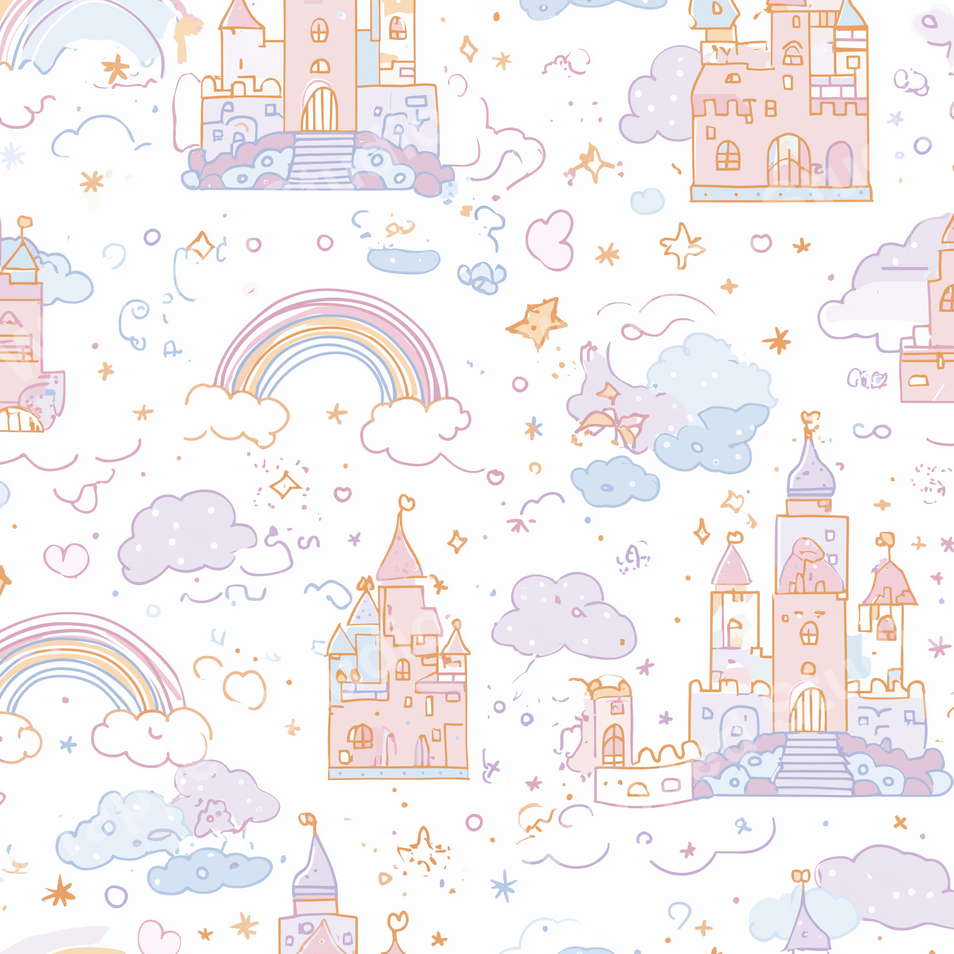 Dreamy fairytale castle pattern with rainbows and clouds in soft pastel pink, blue, and yellow.