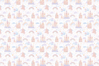 Playful fantasy pattern with pink and purple castles, rainbows, and stars on a white background.