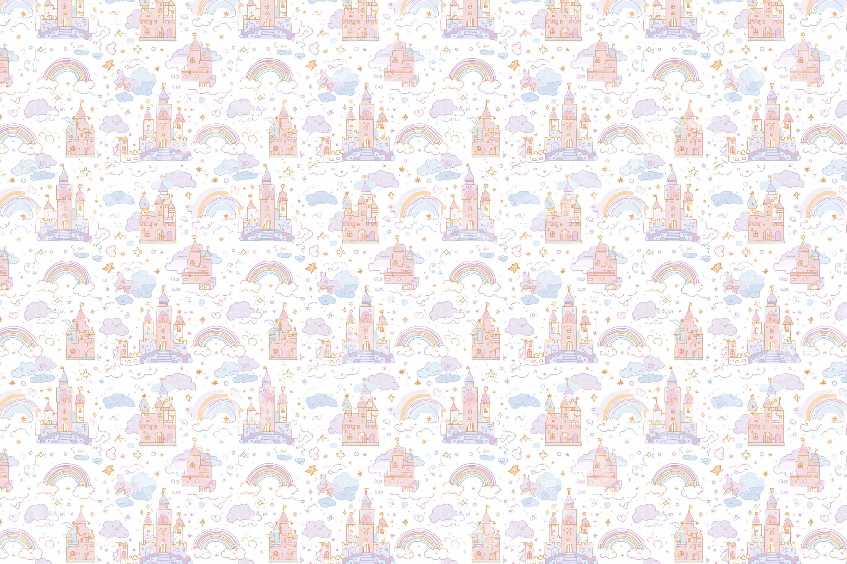 Playful fantasy pattern with pink and purple castles, rainbows, and stars on a white background.