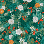 Dark green botanical pattern with pine branches, orange blooms, red berries, and white floral accents.